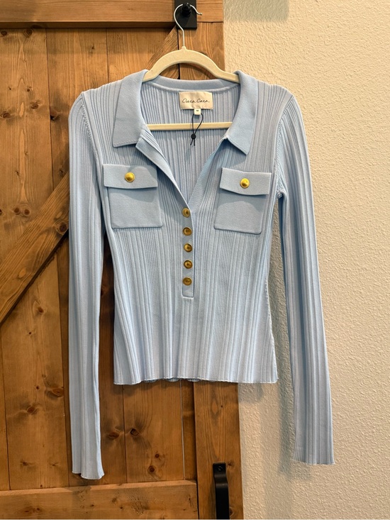 Cara Cara Tops - Cara Cara Light Blue Ribbed Long-Sleeve Polo with Gold Buttons